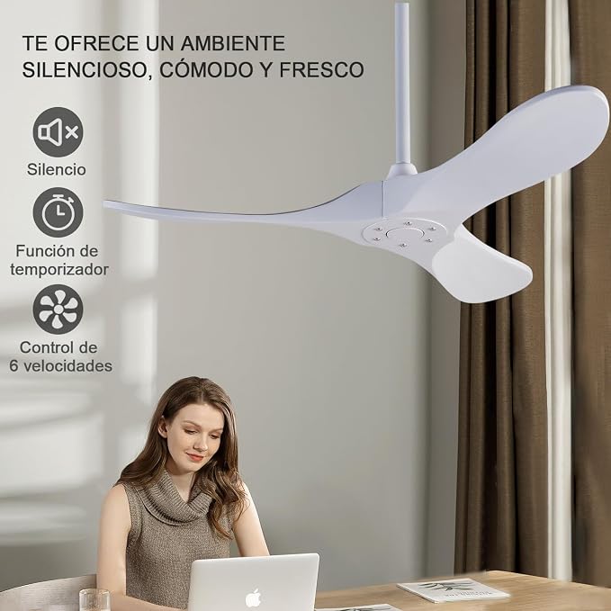 Ceiling Fans without Lights, 42 Inch Ceiling Fans no Lights with Remote Control, 3 Solid Wood Blades Indoor Outdoor Ceiling Fan for Bedroom Patios Kitchen (White Blades)