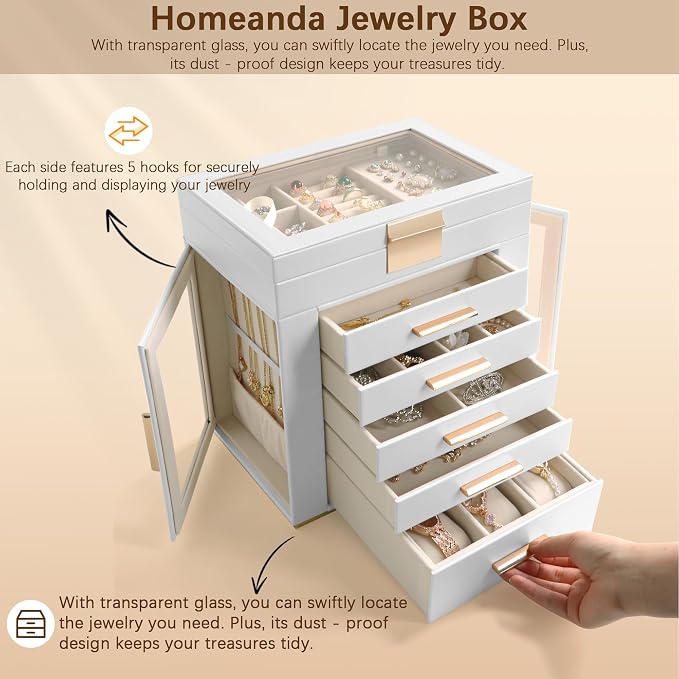 Homeanda 6-Layer Jewelry Boxes for Women, Large PU Leather Storage Organizer with 5 Drawers Glass Lid Case for Rings Necklaces Earrings Bracelets Watches, Gift for Wife and Girls (White)