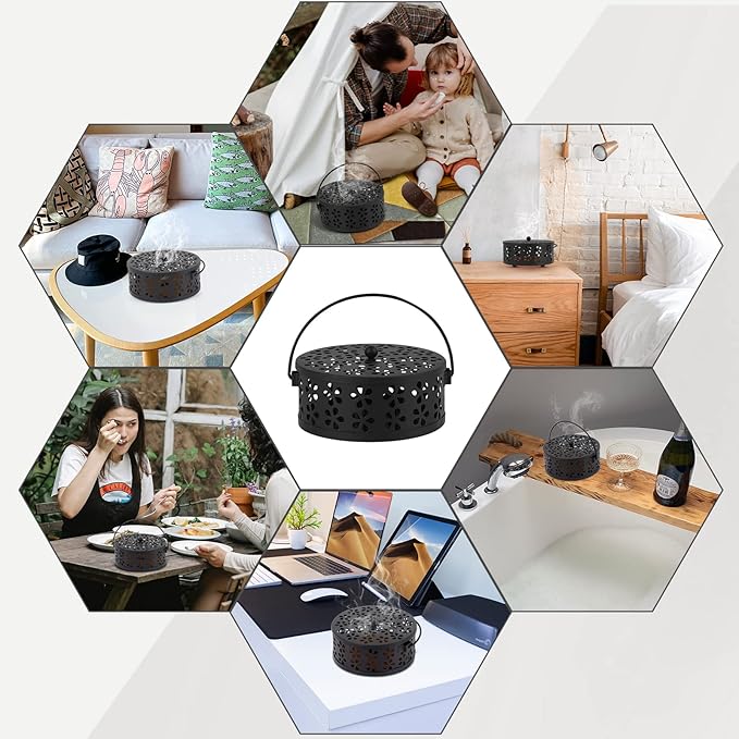 Portable Iron Mosquito Coil Holder with Handle Round Heat-Resistant Incense Holder for Home Office Camping (Black)