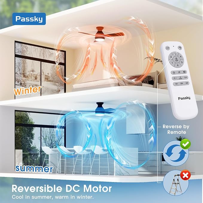 Passky Ceiling Fans with Lights, 42 inch Low Profile Ceiling Fan with Pull Chain and Remote Control, Flush Mount, Reversible, 5CCT, Dimmable, Noiseless, Black Pull Cord Ceiling Fan for Bedroom