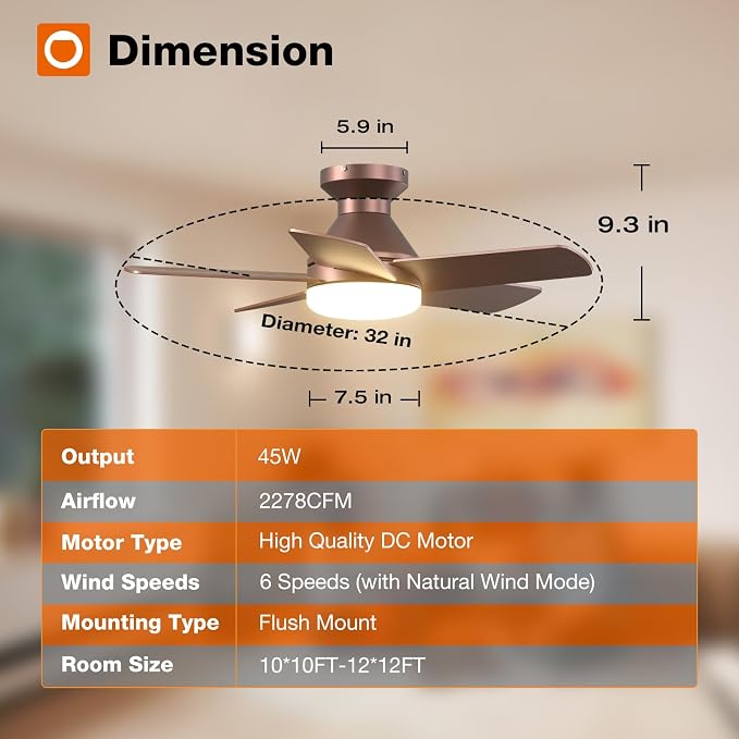 addlon Ceiling Fans with Lights, 32 Inch Low Profile Ceiling Fan with Light and Remote Control, Flush Mount, Reversible, 3CCT, Dimmable, Quiet, Brown Small Ceiling Fan for Bedroom Indoor/Outdoor Use