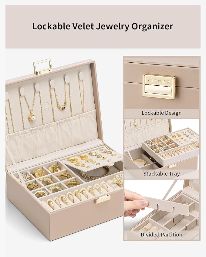 VLANDO Jewelry Box for Women, Gift for Women Girls,2 Layer Jewelry Box,Large Jewelry Organizer for Women Removable Jewelery Tray for Necklace Earrings Rings (Toffee)