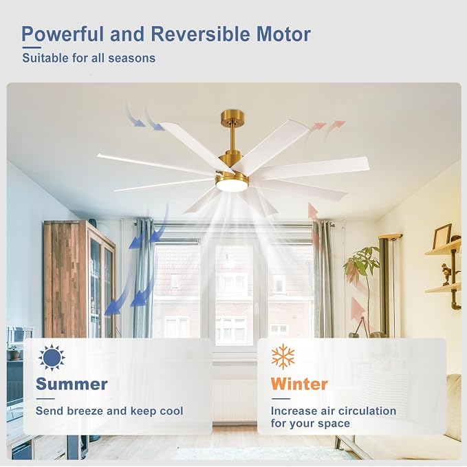 72" Ceiling Fan for Farmhouse: White and Gold Ceiling Fan with Remote 8 Blades 5-Speed Reversible DC Motor - Large Ceiling Fan with Light for Indoor Outdoor