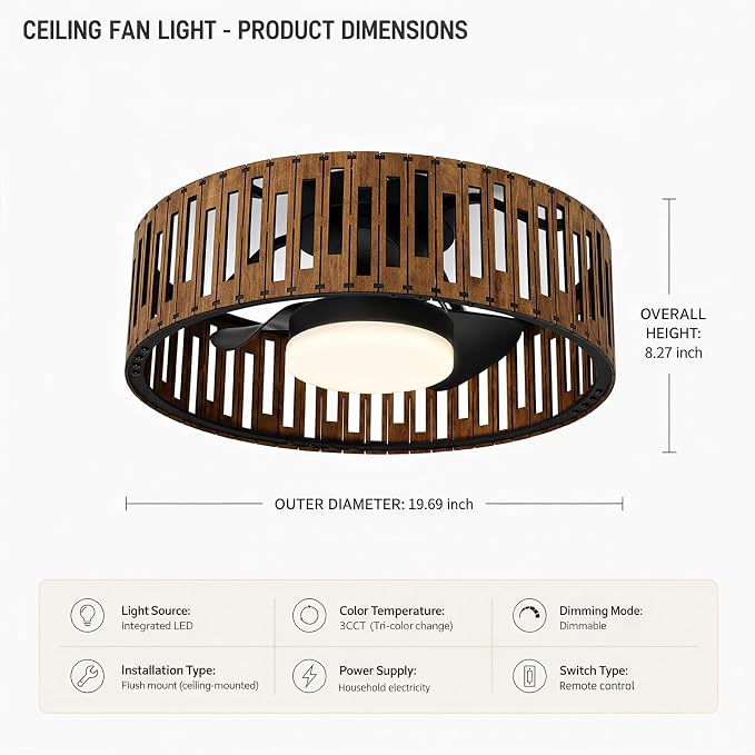 Ceiling Fans with Lights and Remote,20inch Low Profile Flush Mount Ceiling Fan 3000–6000K Dimmable LED Fandelier Bladeless Wood Fan Light for Bedroom Kitchen Living Room Diningroom Foyer Nursery