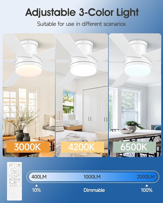 52 Inch Flush Mount White Ceiling Fan with Light and Remote | 6-Speed Quiet Reversible DC Motor, Dimmable 3CCT LED, 3 Timing Settings, 5-Blade Modern Design, Indoor or Covered Outdoor Use