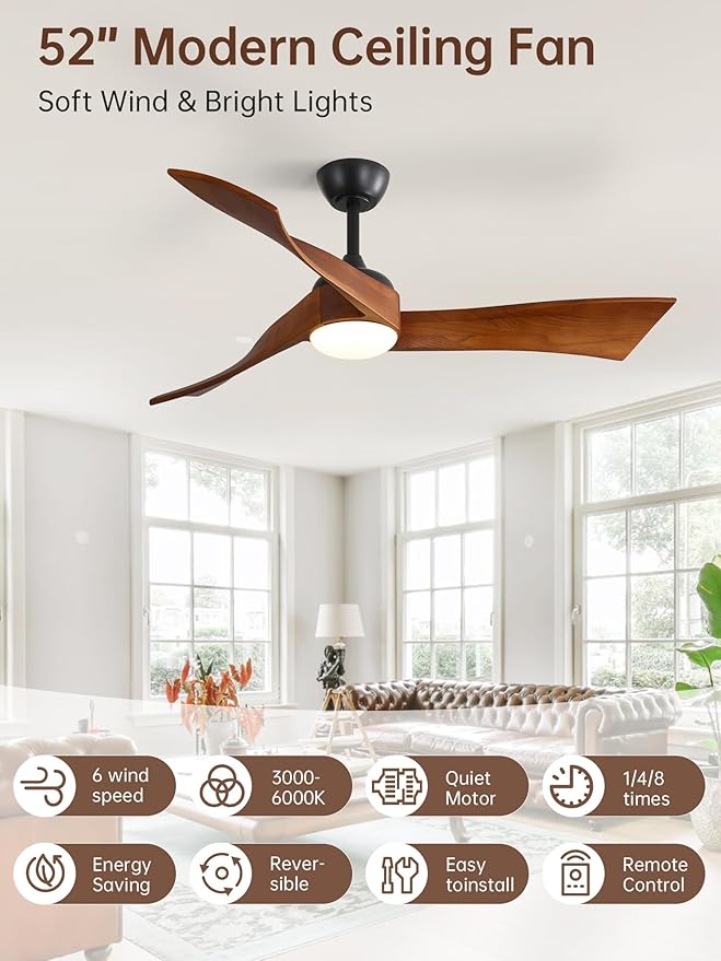 Sofucor 52 Inch Smart Ceiling Fans with Light-Modern Solid Wood Outdoor 3 Blades Ceiling Fan with Light Alexa/Google/APP/Remote Control for Bedroom Living Room Farmhouse, Quiet DC Motor, Walnut Black