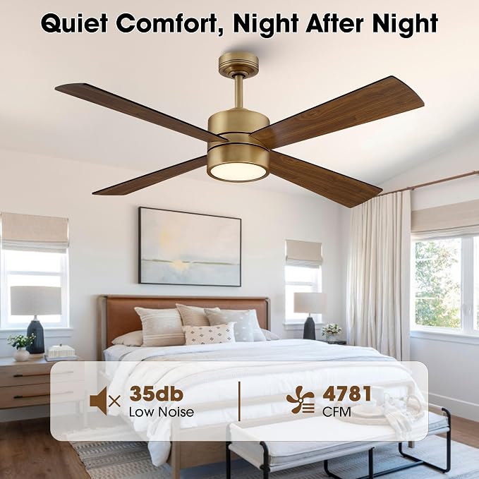 52 Inch Gold Ceiling Fan with Lights and Remote, Modern Ceiling Fan with APP Control, Reversible DC Motor, Dimmable, White & Walnut Blades for Bedroom, Living Room, Dining Room