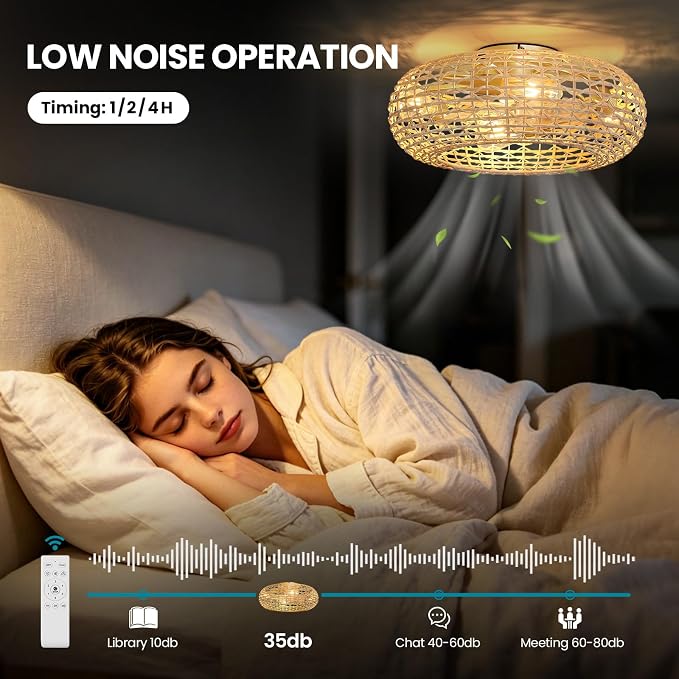 Boho Caged Ceiling Fan Light: 20" Rattan Ceiling Fan Lights Flush Mount Bladeless Fandelier with Remote/Timer/Reversible 6 Speeds/DC Motor Low Profile Small Ventilador de Techo for Bedroom Living Room