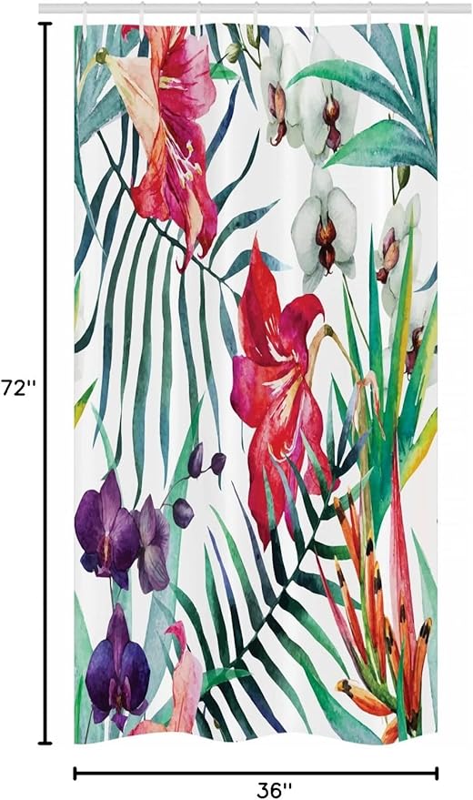 Ambesonne Watercolor Flower Stall Shower Curtain, Tropical Wild Orchid Flowers with Palm Leaves Print Exotic Style Nature, Fabric Bathroom Decor Set with Hooks, 36" W x 72" L, Coral Eggplant White