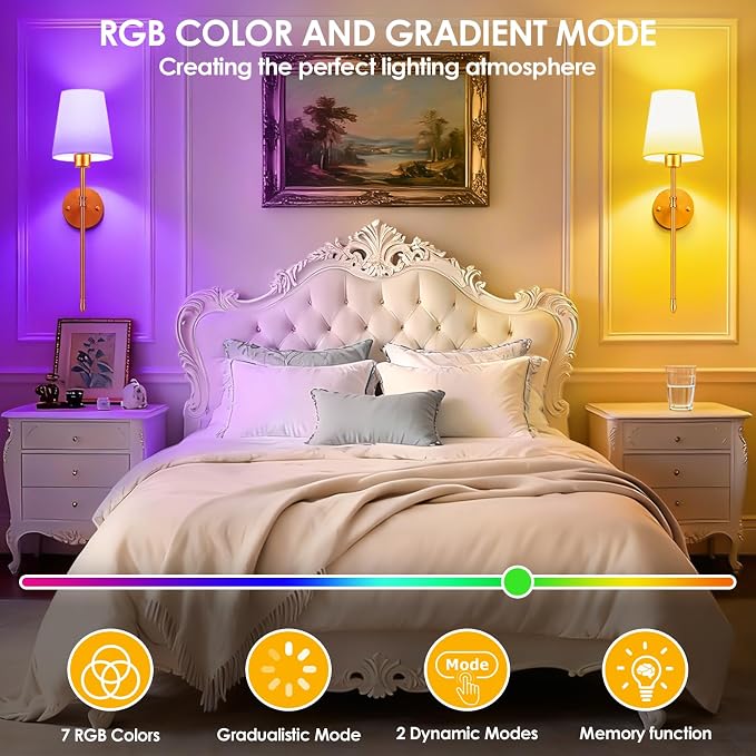 OCATO Battery Operated Wall Sconce: 10000mAh Wireless Wall Sconces Set of Two Rechargeable Lamp Dimmable Magnetic Lights with 7 RGB Colors and Remote Walls Decor for Bedroom Living Room Hallway