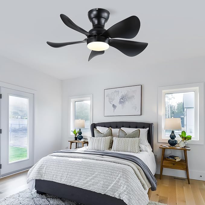 Kviflon 30 Inch Ceiling Fans with Lights Remote Control, Low Profile Small Ceiling Fans with 5 Reversible Propeller Blades, 3 Colors Dimmable LED Lights, 6 Speeds for Bedroom Kids Room Kitchen, Black