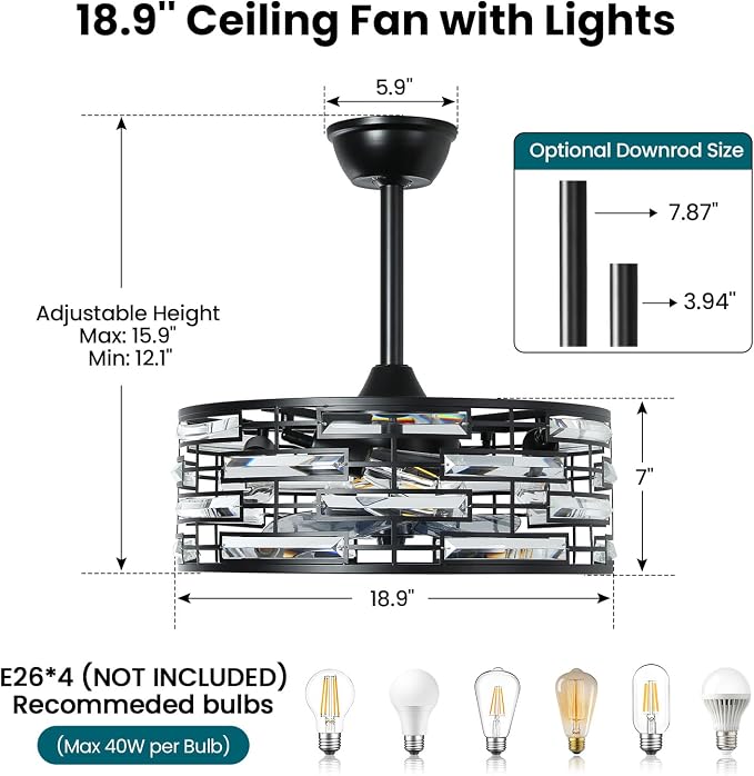 Crystal Caged Ceiling Fans Lights: 18.9'' Semi Flush Mount Fandelier Farmhouse with Remote, 6 Speeds, Timing, Black Industrial Chandelier Ventilador de Techo for Bedroom Kitchen Living Dining Room