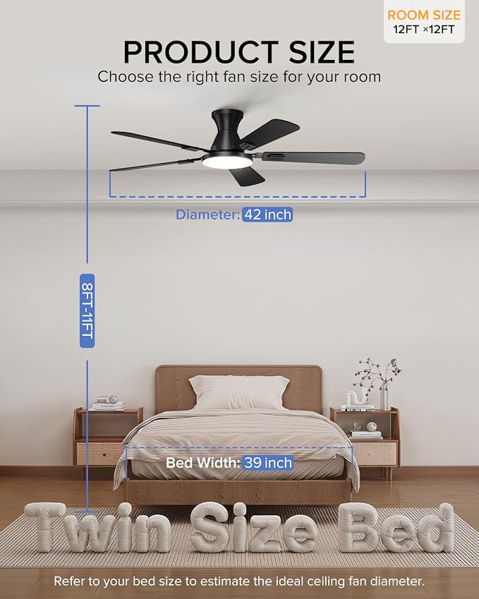 UME 42" Ceiling Fan with Lights & Remote, 6 Blades Low Profile Ceiling Fan, Quiet DC Motor, Natural Wind, 6 Speeds, 3CCT Dimmable 20W LED Modern Ceiling Fan for Bedroom, Living Room, Black