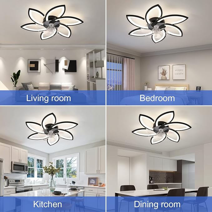 30" Geometric Ceiling Fan with Light Remote Control, 6 Speeds 3 Colors, Black Low Profile Flush Mount Ceiling Fan for Bedroom Kitchen Living Room