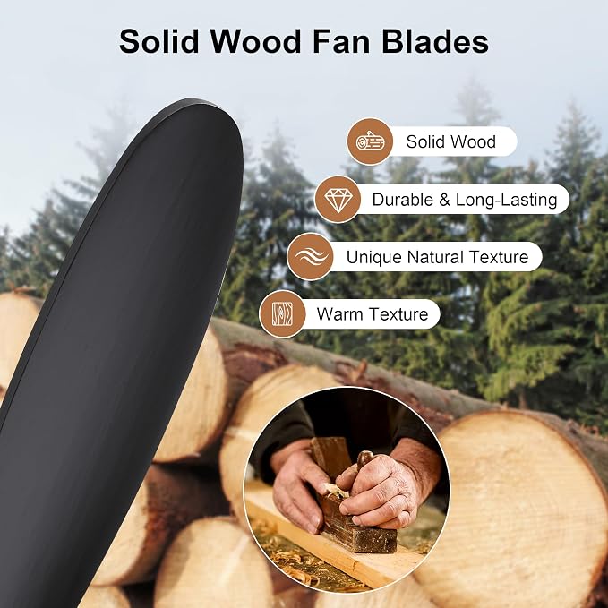 52 Inch Black Ceiling Fan with Light and Remote & APP Control, 3 Wooden Blades, 6 Wind Speeds, Quiet DC Motor, Indoor Low Profile Ceiling Fan for Bedroom Living Room Farmhouse Patio