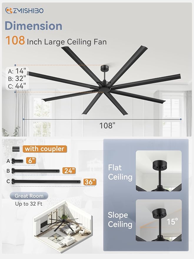 ZMISHIBO 108 Inch No light, Large Industrial High Volume (HVLS) Ceiling Fan with Reversible DC Motor, 8 Aluminium Blades, Modern Commercial Ceiling Fan without Light for Garage/shop/living room,Black
