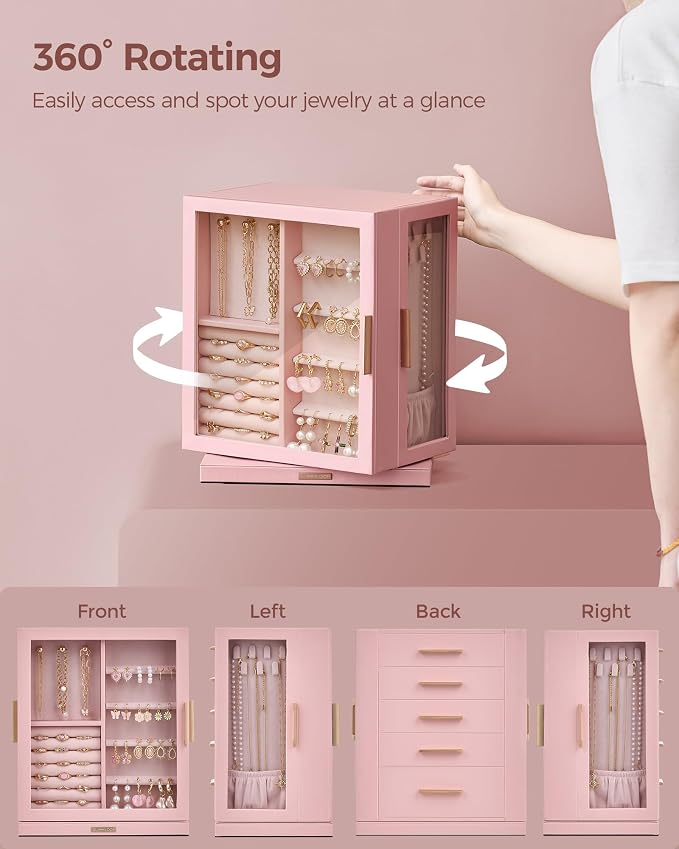 Glimmloop 360° Rotating Jewelry Box with 5 Drawers, Spacious Vertical Jewelry Organizer with Glass Window, Jewelry Storage Case, Dustproof & Moisture-resistant Design, Pink