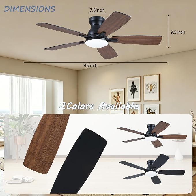 NKPU Ceiling Fans with Lights, Low Profile Ceiling Fan with Light and Remote/APP Control, DC Reversible Motor, Noiseless, Flush Mount, 46inch Brown Ceiling Fan for Bedroom Indoor/Outdoor Use