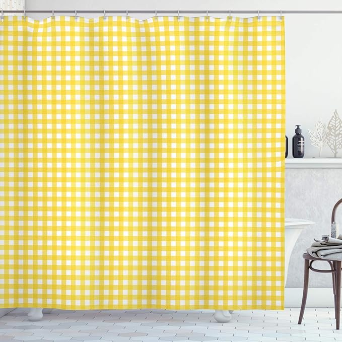 Ambesonne Checkered Shower Curtain, Classic English Pattern in Yellow Picnic in Summertime Theme Retro Striped, Cloth Fabric Bathroom Decor Set with Hooks, 69" W x 70" L, Yellow White