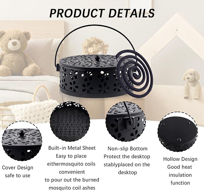 4 Pcs Mosquito Coil Holder Incense Coil Holder, Retro Iron Portable Hanging Outdoor Incense Burner Holder with Handle Round Metal Incense Holder for Home Camping Indoor Outdoor Patio (Black)