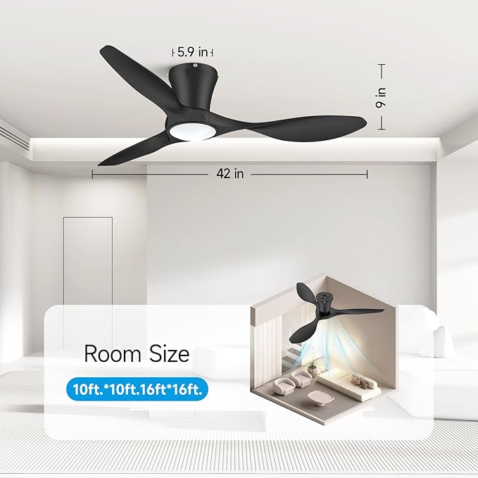 ocioc 42 inch Ceiling Fans with Lights and Remote, Dimmable Ceiling Fans with Reversible Quiet DC Motor, Flush Mount, 3CCT, Black Ceiling Fan for Bedroom Living Room Indoor/Outdoor