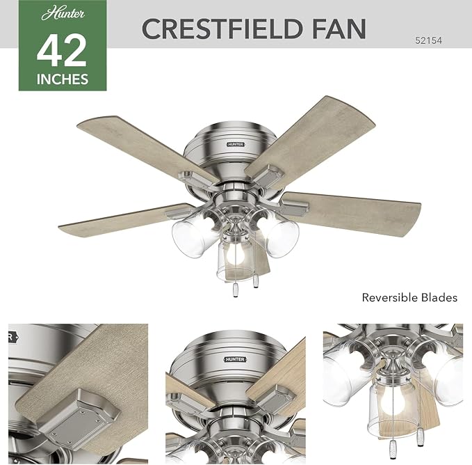Hunter Crestfield, Indoor, Ceiling Fan, Quiet, 42 inch, Brushed Nickel