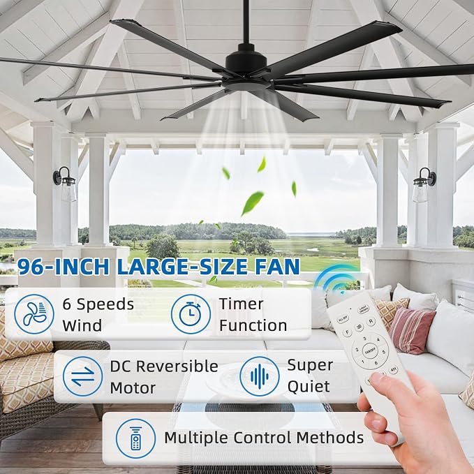 YYEHON 96 Inch Large Industrial Ceiling Fan no Lights, Reversible DC Motor, 3 Downrods, 6 Speed Remote Control, 8 Aluminum Blades, Outdoor Black Fans for Shop/Gym/Warehouse/Garage