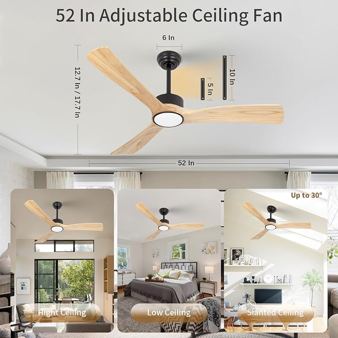 52inch Ceiling Fan with Lights,Downroad Ceiling Fans with Remote Control,3 Wooden Blades,Dimmable Light,6 Speeds,Noiseless,Ceiling Fan for Bedroom,Living Room,Office,Indoor,Natural Wood Grain