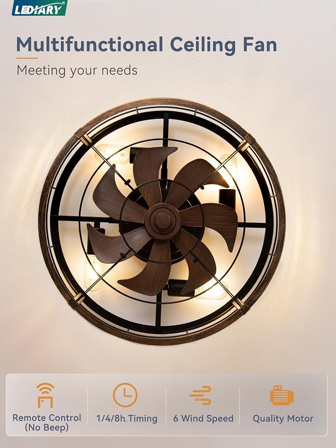 LEDIARY 20" Caged Ceiling Fan with Light and Remote, Low Profile Flush Mount Fandelier, Black Gold Bladeless Enclosed Small Ceiling Fan Light Fixtures, Rustic Farmhouse Style for Bedroom, Outdoor