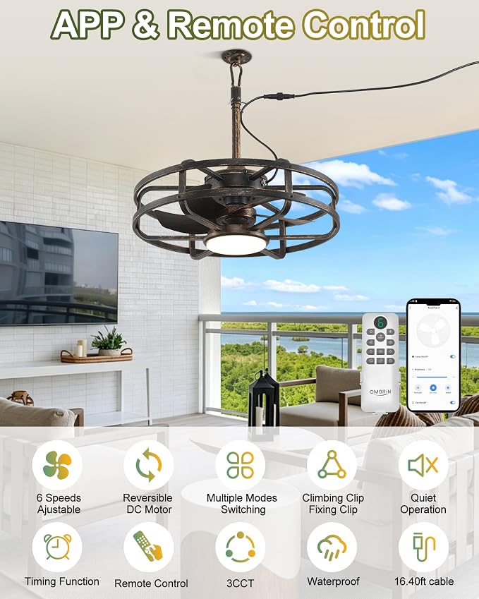 20" Outdoor Ceiling Fan with Light – Waterproof Plug-In Smart Fan for Porch, Pergola & Gazebo, 4CCT Color Adjustable, Alexa & Google Compatible, Caged Design, Brushed Gold Finish