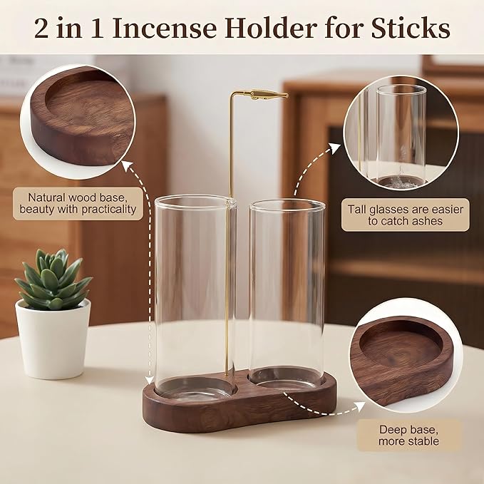 Glass Incense Holder for Sticks, 2-in-1 Incense Burner with Ash Catcher & Storage, Natural Wood Stick Holder for Meditation Yoga Zen Home Decor, Unique Spa Gift for Women