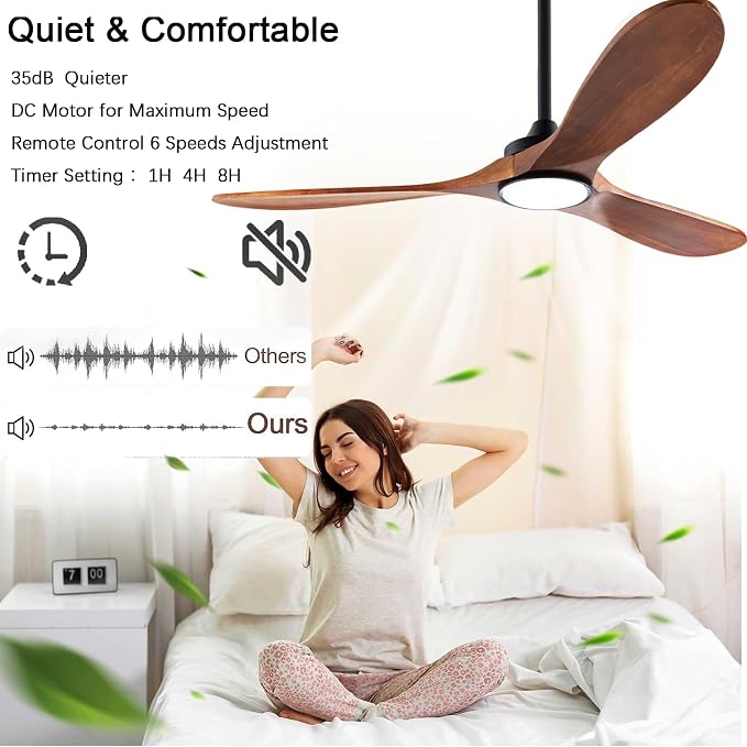 QUTWOB 42" Wood Ceiling Fan with Light, Reversible DC Motor, Remote Control | solid wood blades, quiet 6-speed reversible dc inverter motor, remote control, 3-color led, for indoor outdoor patio garage