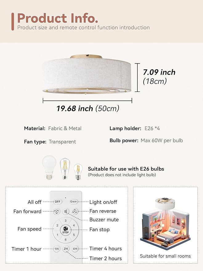 Low Profile Ceiling Fans with Lights, 20" Boho Rattan Ceiling Fan with Light Flush Mount and Remote Control, Drum Caged with 6 Speeds for Bedroom, Nursery, Living Room