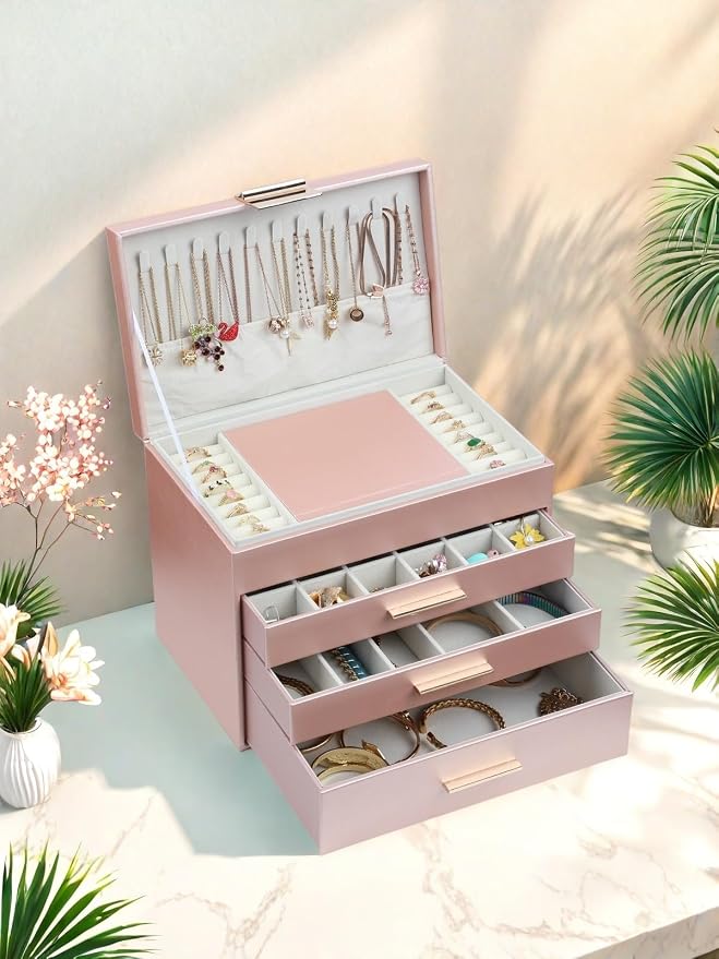 BOOVO Jewelry Boxes for Women, White and Black 6 Layer Large Jewelry Box for Necklace, Bracelet, Earrings, Rings Storage, Jewelry holder Organizer for Girls Gift (Rose Gold, 5 Layer)