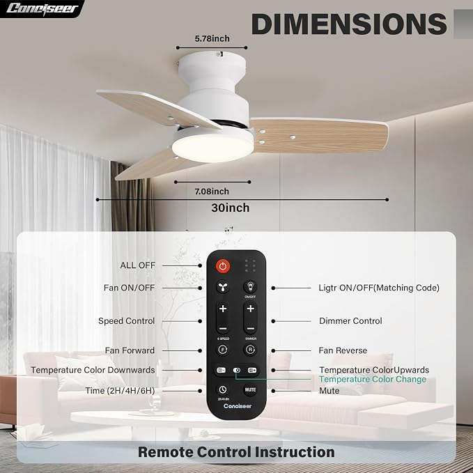 30 Inch Ceiling Fans with Lights and Remote, Bedroom Living Room Office, Flush Mount, 6CCT Dimmable, Dual Color 3 Blades 6 Speed Reversible Quiet DC Motor, White/Wood Grain