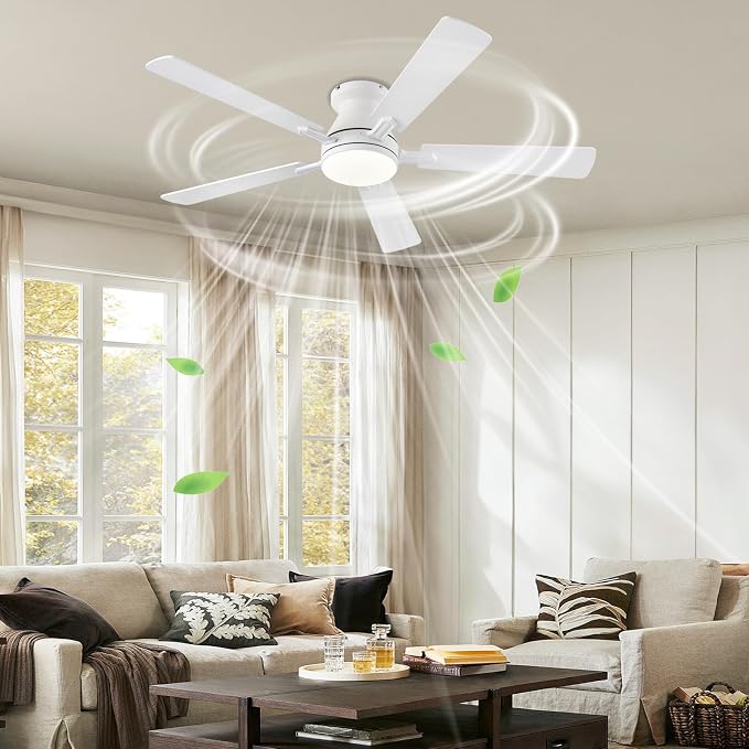 Ayaoty 54 inch Ceiling Fans with Lights and Remote, Low Profile Ceiling Fan with Light, Flush Mount, Reversible, 3CCT, Dimmable, Noiseless, White Ceiling Fan for Bedroom, Indoor/Outdoor Use