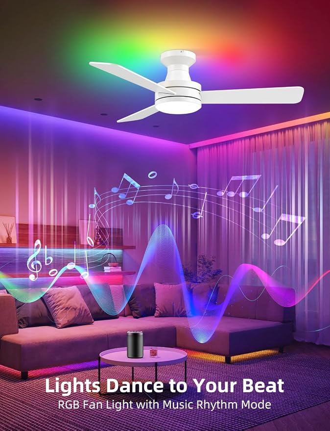 42 inch RGB Ceiling Fan with Light, Smart App & Remote Control Low Profile Flush Mount, Music Sync Lighting, 6-Speed Quiet Reversible DC Motor, 4CCT Dimmable for Home Office Party,White