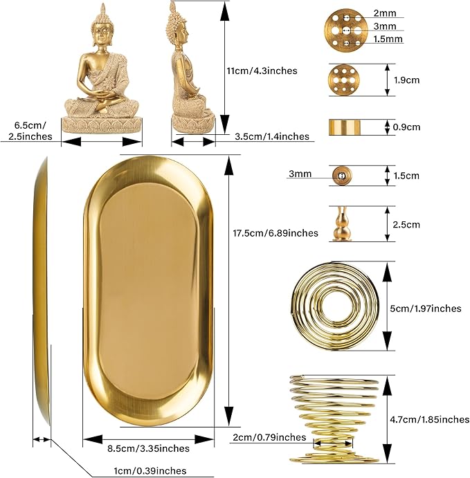 ZenBless 6 in 1 Incense Holder - Palo Santo, Buddha Statue, Sage & Incense Burner Holder for Sticks/Coil/Cones, Gold Oval Ash Catcher
