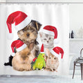 Ambesonne Christmas Shower Curtain, Xmas Crew Cat Dog Bird Mouse and Rabbit Bunny with Santa Hats Grumpy Pets Picture, Cloth Fabric Bathroom Decor Set with Hooks, 69" W x 70" L, Red Brown
