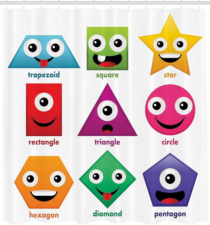 Ambesonne Science Shower Curtain, Geometric Shapes with Funny Faces Cartoon Soft Colors Art, Cloth Fabric Bathroom Decor Set with Hooks, 69" W x 70" L, Green and Purple