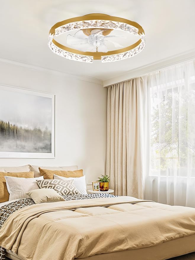LEDIARY 20 Inch Low Profile Ceiling Fans with Lights and Remote, Fandelier Ceiling Fan Flush Mount, 3000K-6000K Dimmable LED Fan Light, Gold Modern Ceiling Fans with Lights for Bedroom