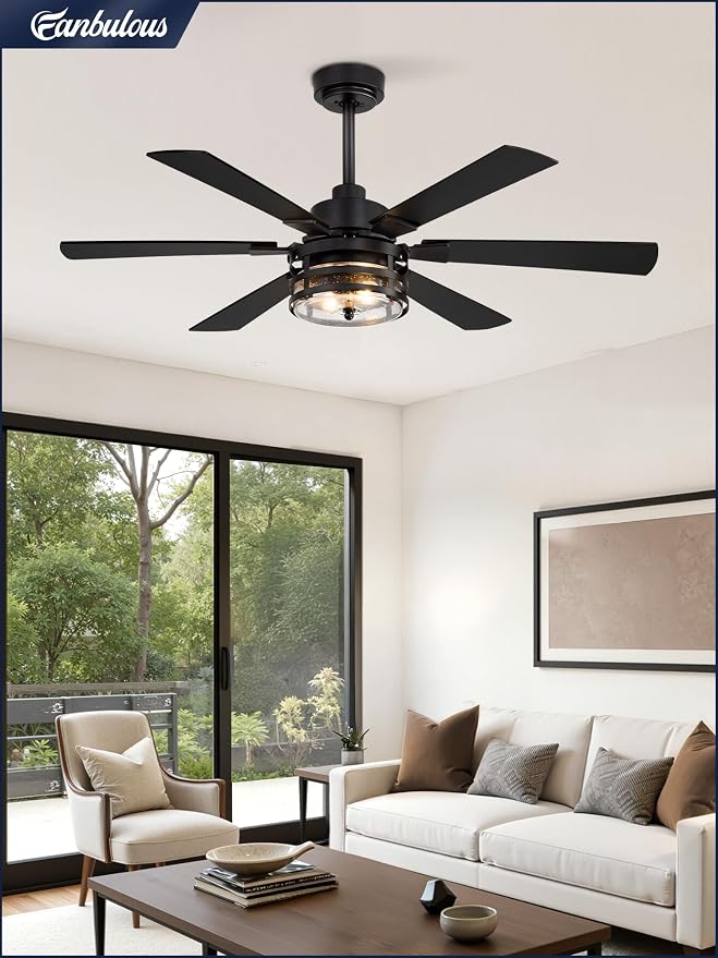 48" Farmhouse Ceiling Fans with Lights and Remote,Industrial Large Ceiling Fan with 6-Speed Reversible DC Motor and 6 Dual Finish Blades,Black Ceiling Fan with Light for Living bedroom Patio