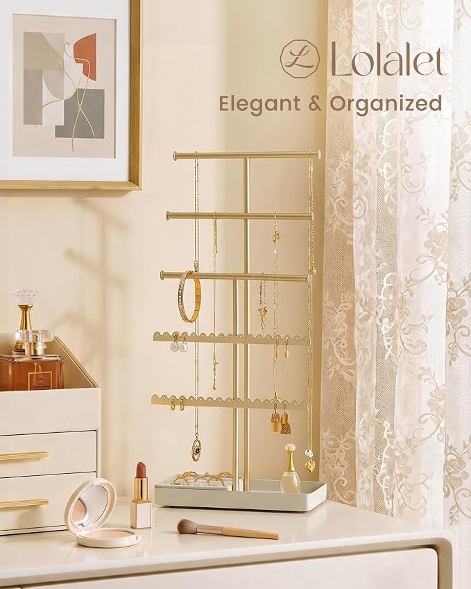 Lolalet 5-Tier Jewelry Organizer Stand, Metal Jewellery Holder, Dresser Display Rack for Necklace Earring Bracelets Rings, Gift for Women Girls -Gold