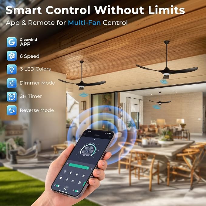Outdoor Ceiling Fans with Lights-Glass Lamp, 52 inch Damp Rated Wood Propeller Blades for Patios & Porch, Smart APP and Remote Control, 3 Blades Dimmable LED Ceiling Fans, High CFM 6 Speed-Black
