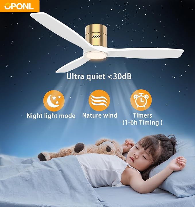 OPONL Ceiling Fan with Light, 52 inch Low Profile Ceiling fan with Light and Remote Control, Reversible, 6CCT, Dimmable, Noiseless, White Ceiling Fan for Bedroom, Indoor/Outdoor Use, Wood