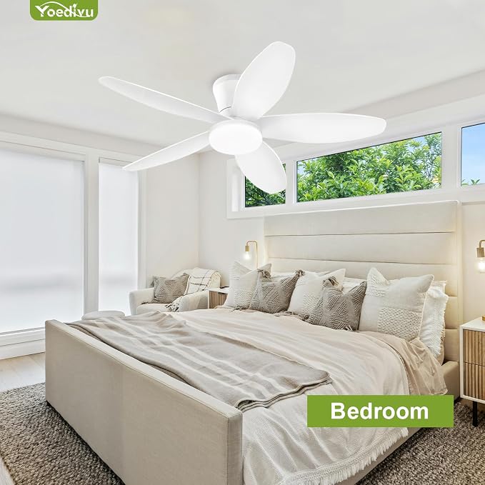 White Ceiling Fan with Light, 42 Inch Low Profile Flush Mount Ceiling Fan 6-Speed Wind, Quiet Reversible DC Motor, 3 Color Dimmable Lighting, Small Ceiling Fans for Living Room/Kitchen/Bedroom