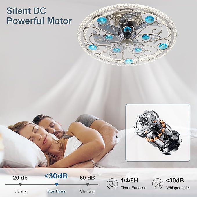 Low Profile Ceiling Fan with Lights 20" Remote Bladeless Ceiling Fan Boho Vintage Flush Mount Ceiling Fans with Light 3 Color Smart LED Dimmable,Handmade Antique Vintage Blue Crystal