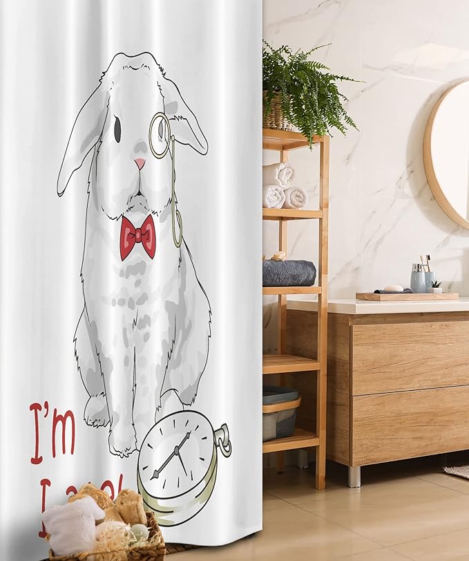 Ambesonne Alice in Wonderland Stall Shower Curtain, Funny Rabbit Watches in Cartoon Style Design Character Fantasy, Fabric Bathroom Decor Set with Hooks, 36" W x 72" L, White Red