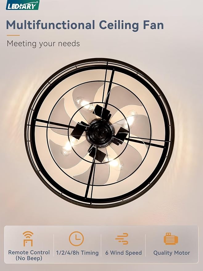 LEDIARY 22 inch Caged Ceiling Fan with Light, Fandelier Industrial Ceiling Fan with Remote, Farmhouse Fan Lights Ceiling Fixtures for Kitchen, Bedroom, Outdoor（6 Speed, Timing）-Brown