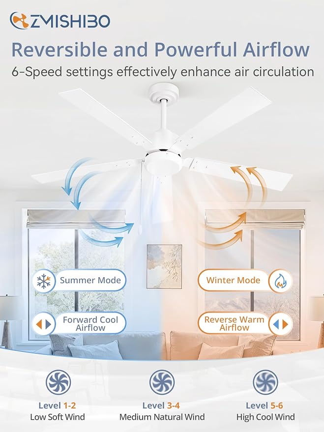 ZMISHIBO 52 Inch Ceiling Fans without Lights, White Ceiling Fan with Pull Chain, 6-Speeds, Quiet DC Motor, Remote Control, Outdoor Ceiling Fan for Patios, Living Room, Kitchen, Shop
